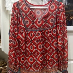 Red Geometric Print Women's Top